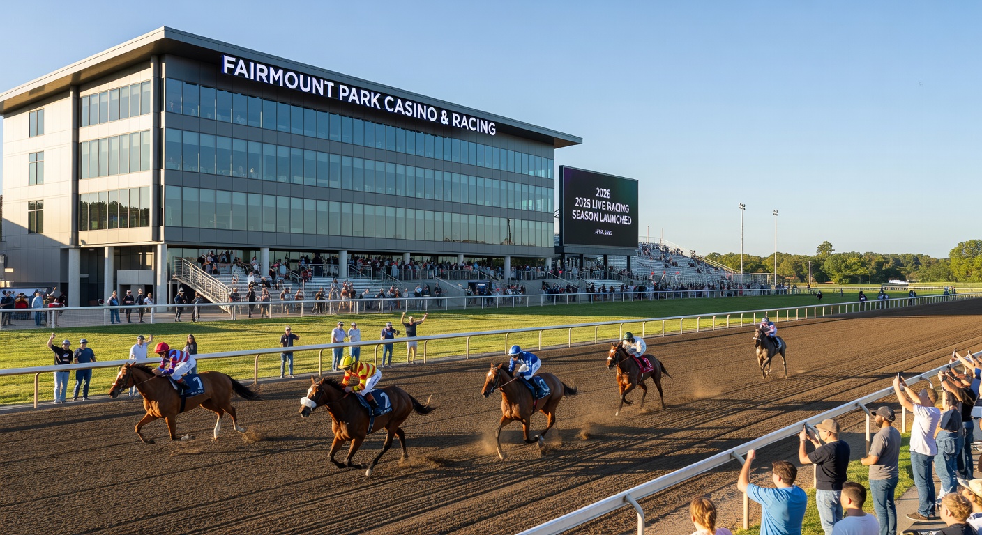 Close-up of thoroughbred horses racing at Fairmount Park, with jockeys urging them on amid cheering crowds and a vibrant trackside atmosphere