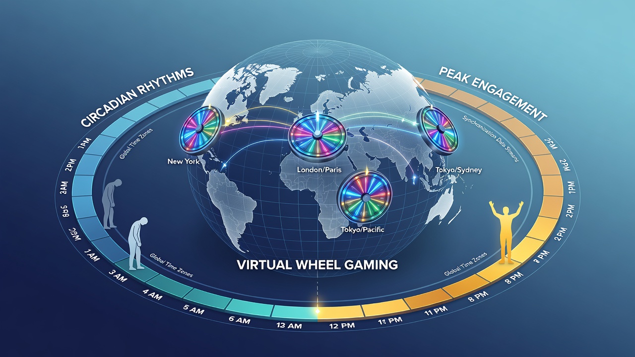 Global map showing time zones overlaid with circadian rhythm peaks and virtual wheel gaming activity patterns