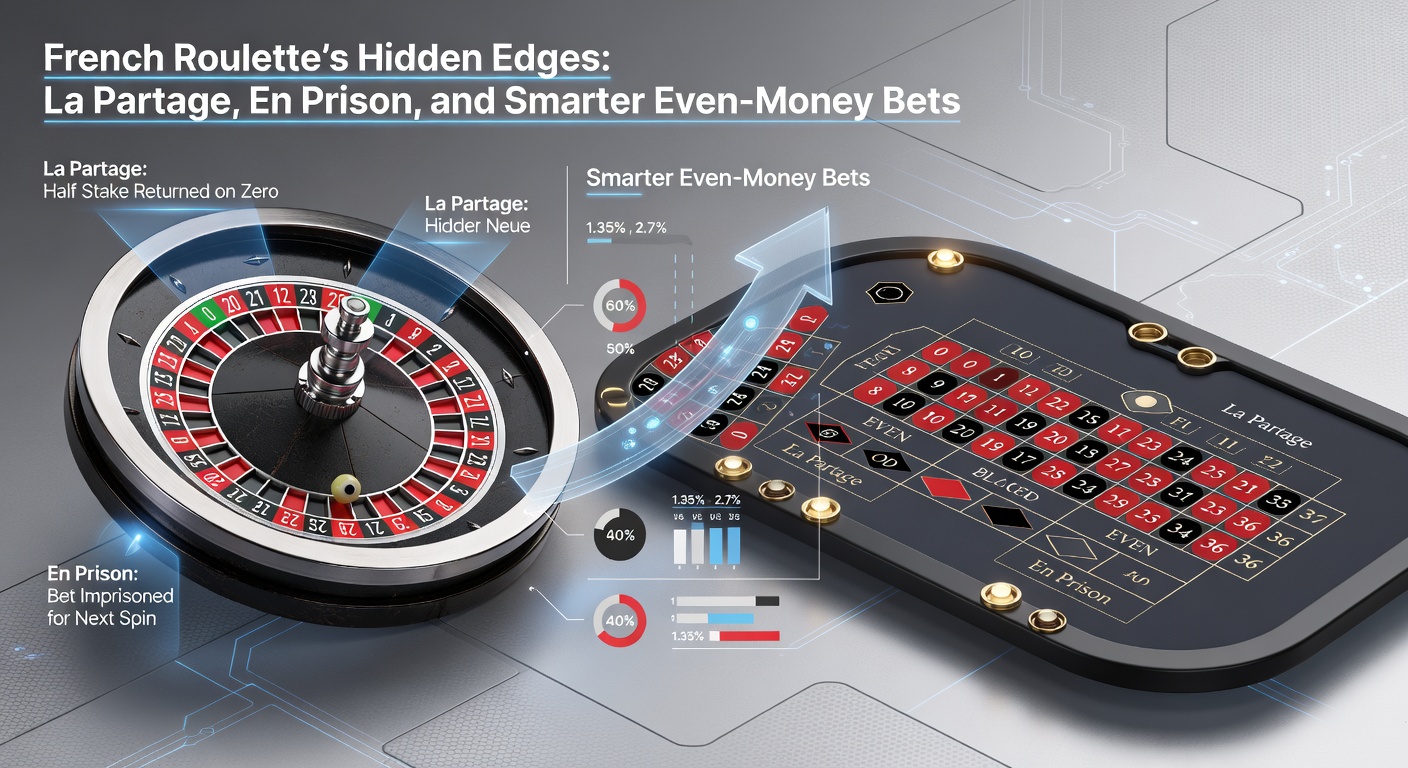 Close-up of a roulette wheel on zero with chips imprisoned under the En Prison rule, croupier marker in view