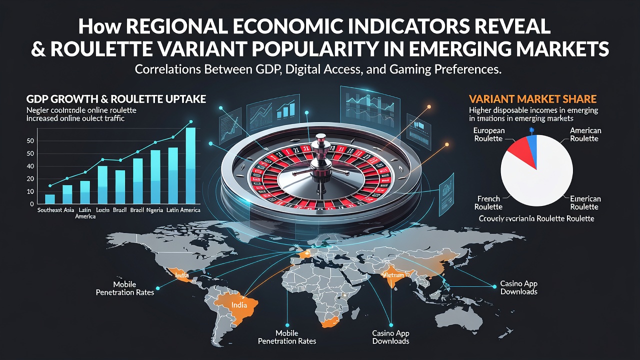 Economic growth charts overlaid with roulette wheel graphics showing emerging market trends