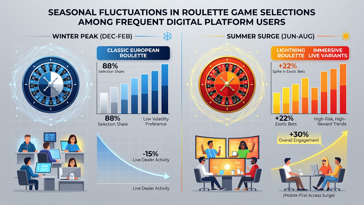 Analytics dashboard highlighting monthly changes in roulette variant selections for active digital users