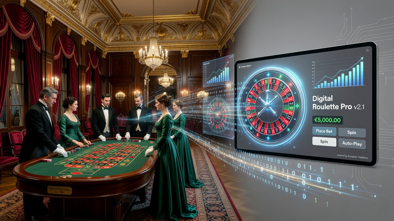 Historical European roulette wheel with ornate designs next to a modern digital interface showing similar layout and single-zero configuration