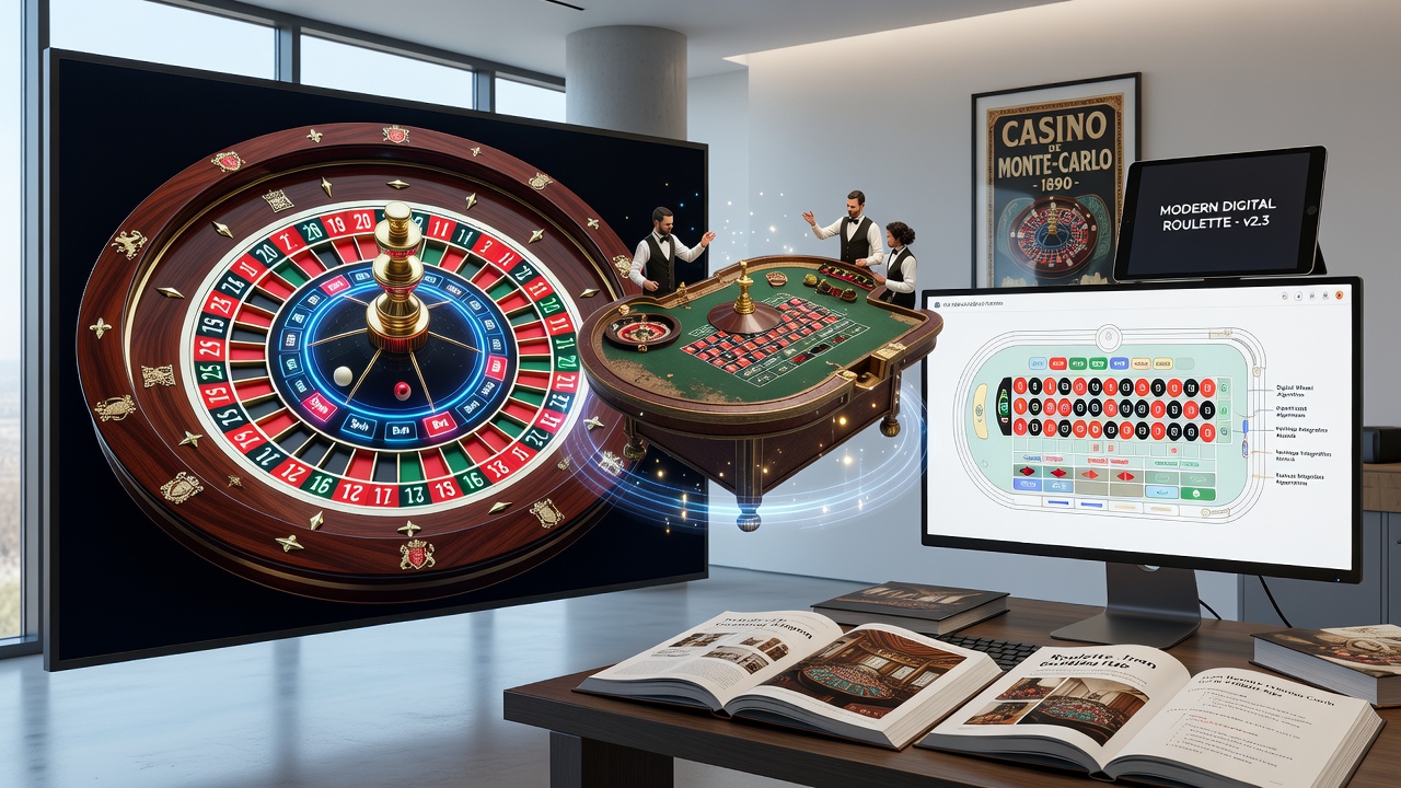 Side-by-side comparison of 19th-century European casino roulette table and current online game screen with matching betting grid and wheel aesthetics